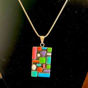 Vintage Navajo Mosaic stone necklace in Sterling silver.